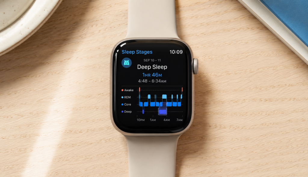 Sleep tracker on wooden desk showing deep sleep stage data