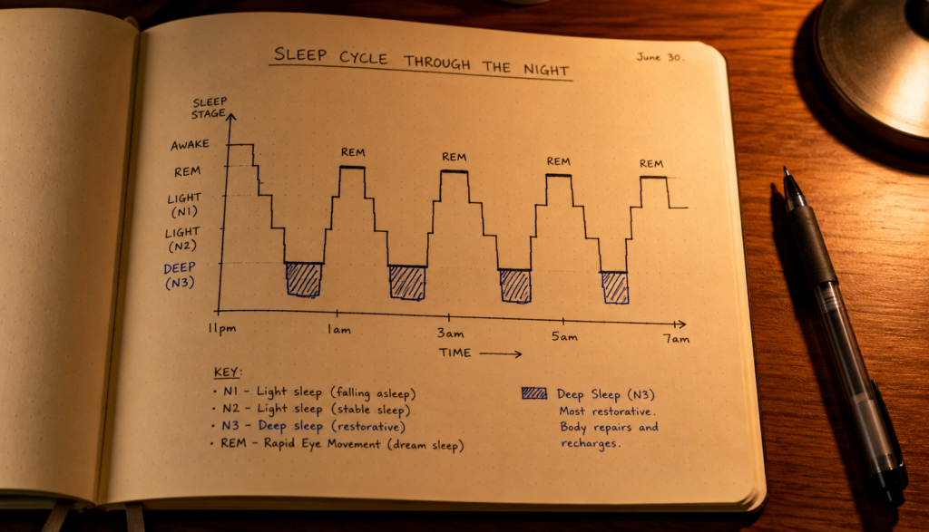 Handwritten sleep cycle wave diagram in open notebook