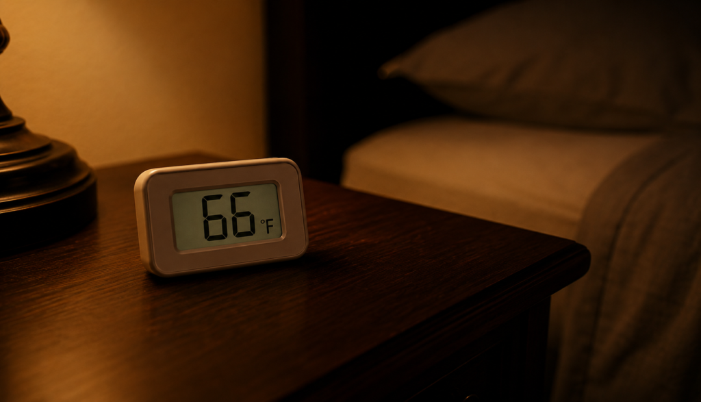 Digital thermometer on nightstand showing cool bedroom temperature
