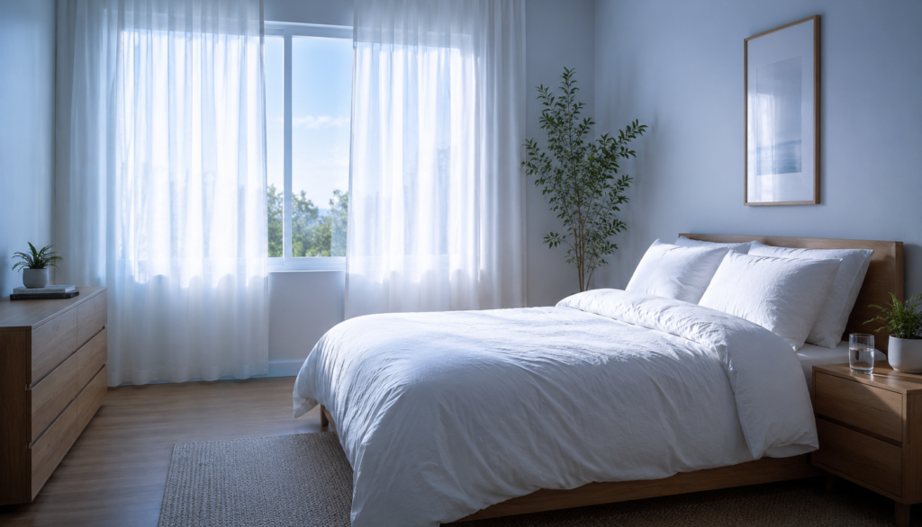 Calm bright bedroom in morning light representing deep restorative sleep