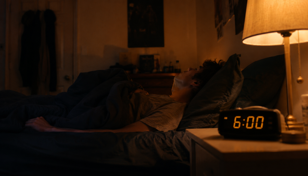 Person lying awake in bed after only six hours of sleep