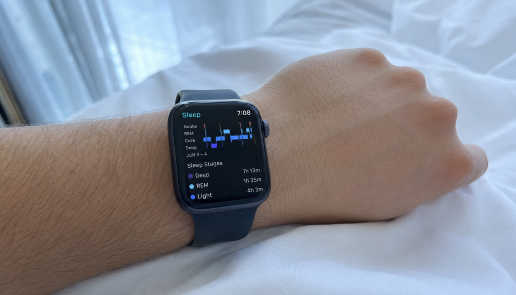 Sleep tracker showing sleep cycle stages and REM sleep data