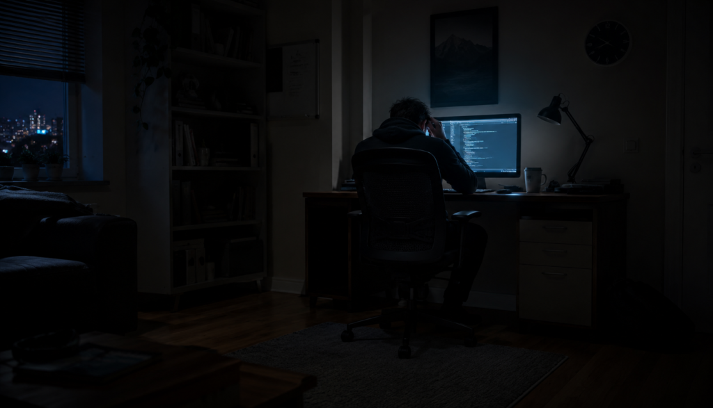 Person struggling with fatigue and sleep deprivation at a night desk