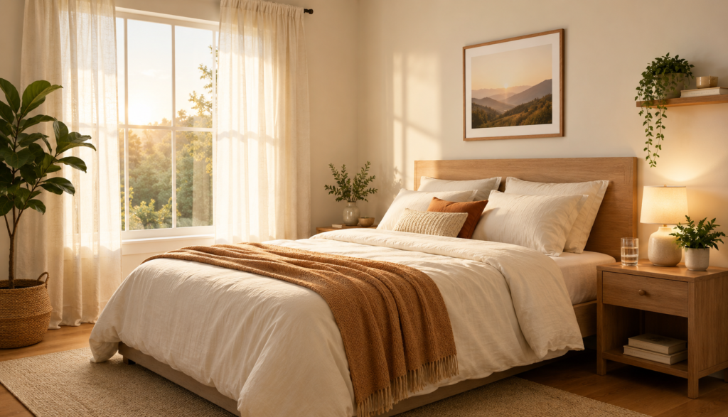 Peaceful bedroom with natural morning light representing good sleep hygiene