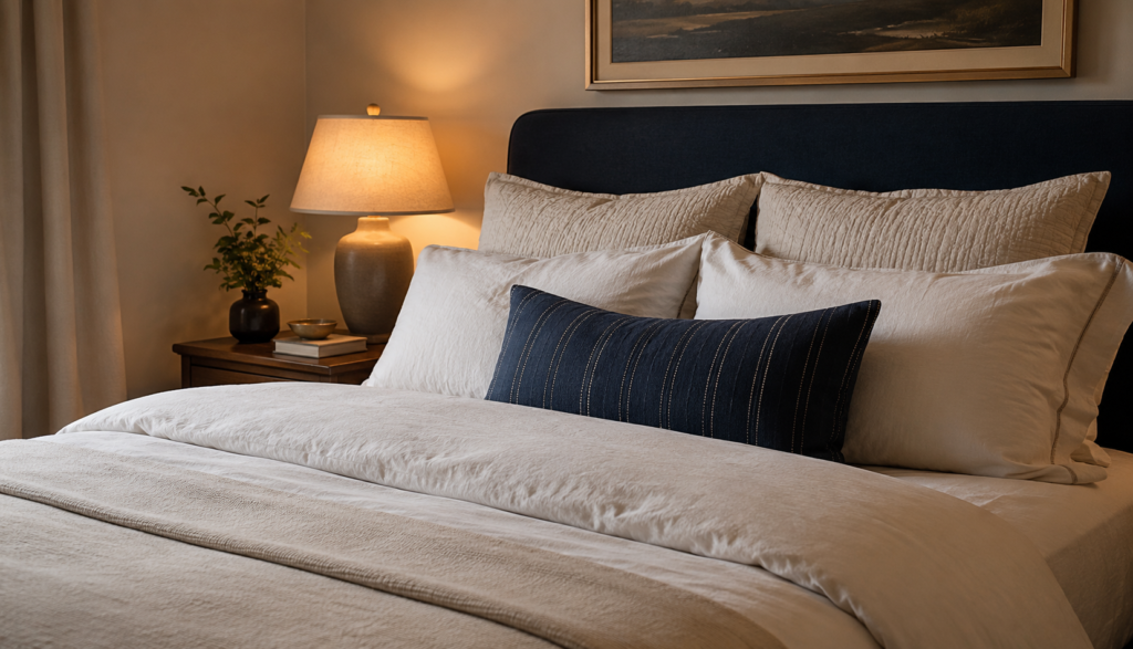 Warm bedroom at night with lamp glow and neatly made bed