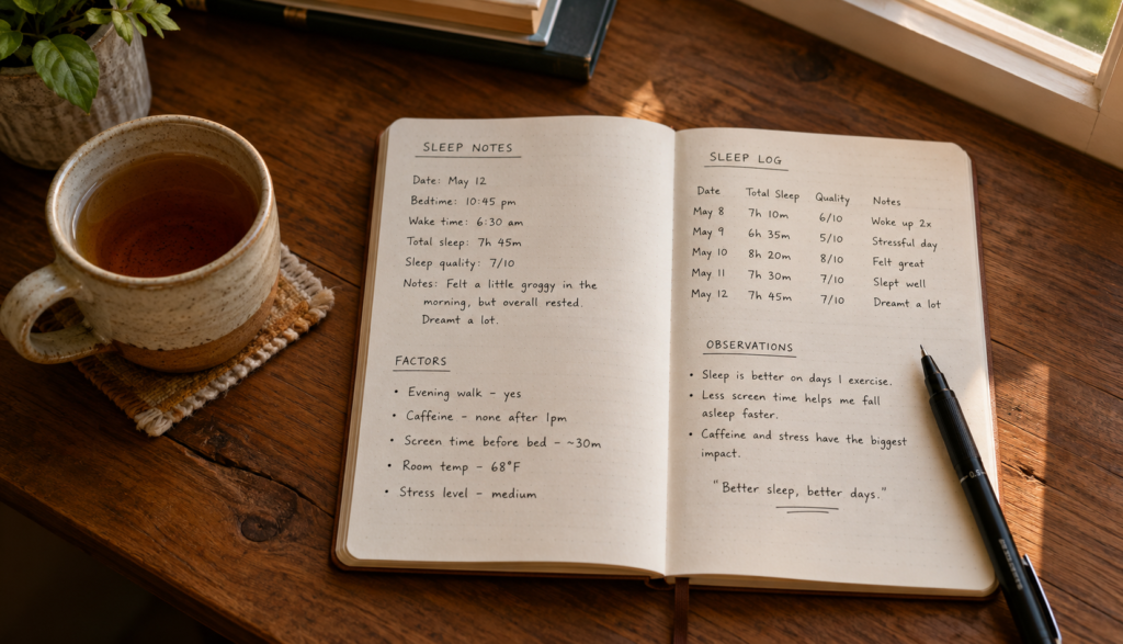 Open sleep journal and tea cup on wooden desk in morning light