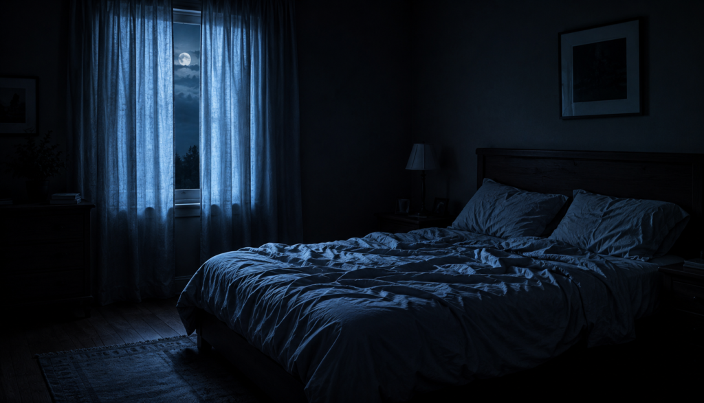 Dark bedroom with moonlight through curtains during sleepless night