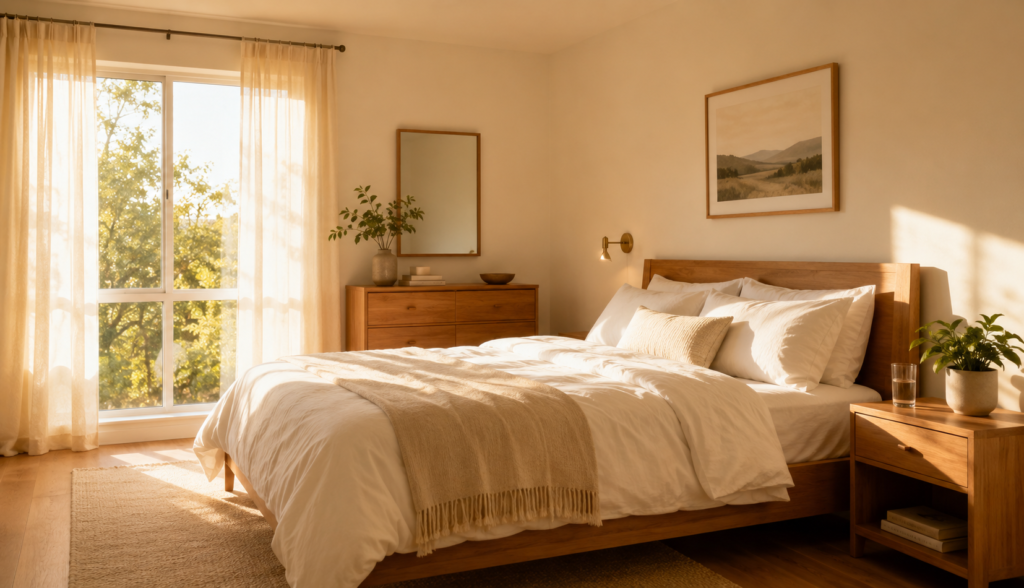 Serene empty bedroom with morning sunlight and bedside plant