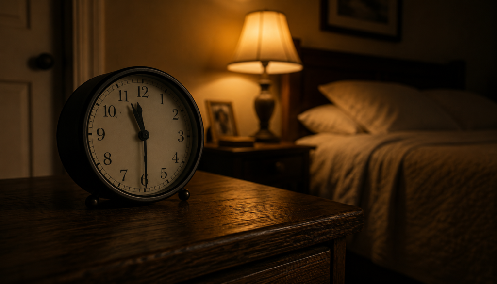Alarm clock on nightstand showing late night hour in dark bedroom