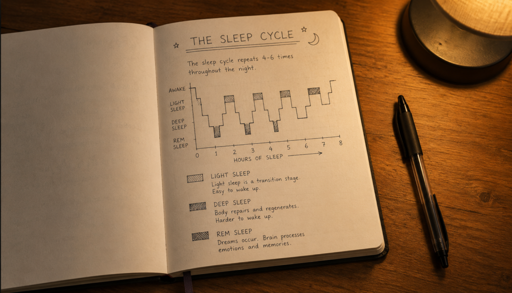 Handwritten sleep stages diagram in open notebook on wooden desk