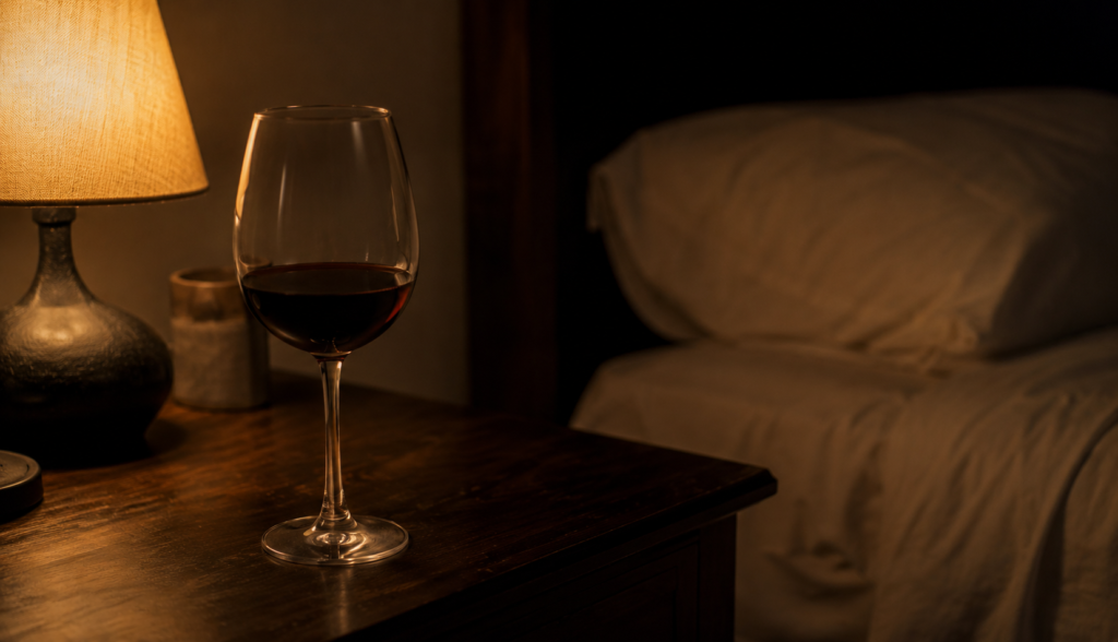 Glass of red wine on nightstand beside dim lamp at night