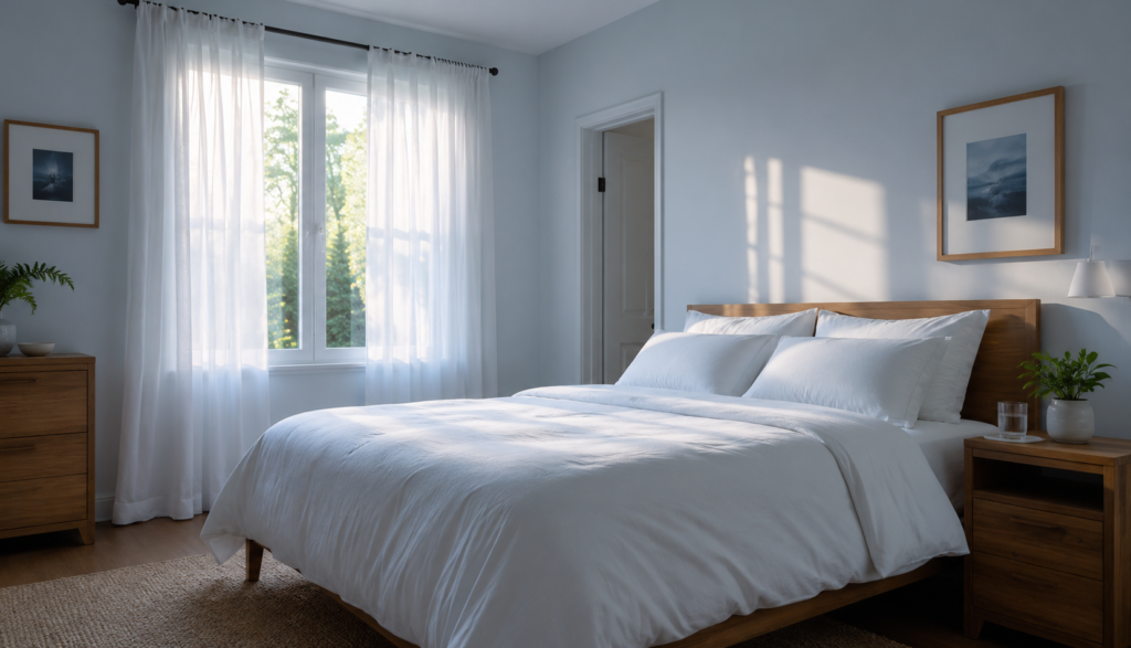  Cool calm empty bedroom with morning light and neatly made bed