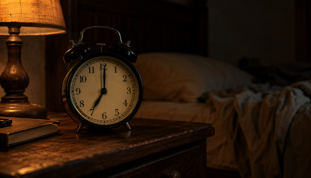 Alarm clock on wooden nightstand showing early morning hour
