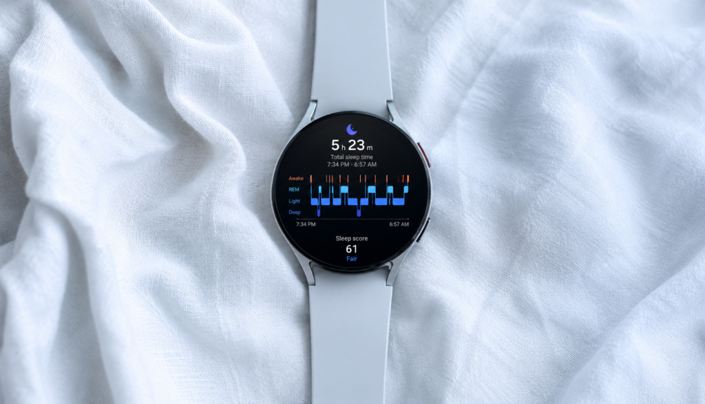 Smartwatch on white linen displaying fragmented sleep stage data