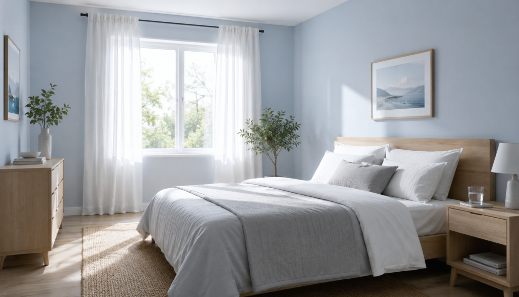 Bright calm bedroom with cool morning light and crisp white bedding