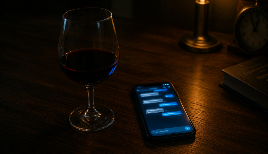 Wine glass and glowing phone screen on desk late at night