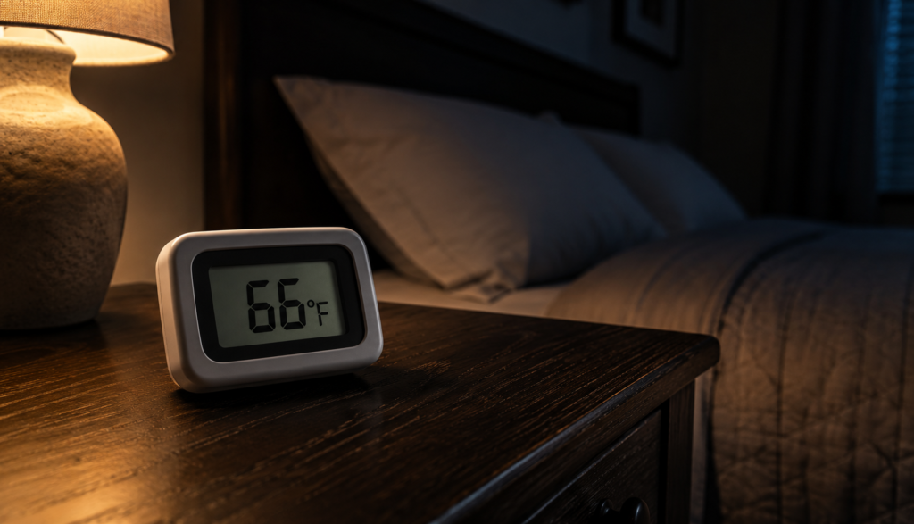 Thermometer on nightstand showing cool bedroom temperature at night