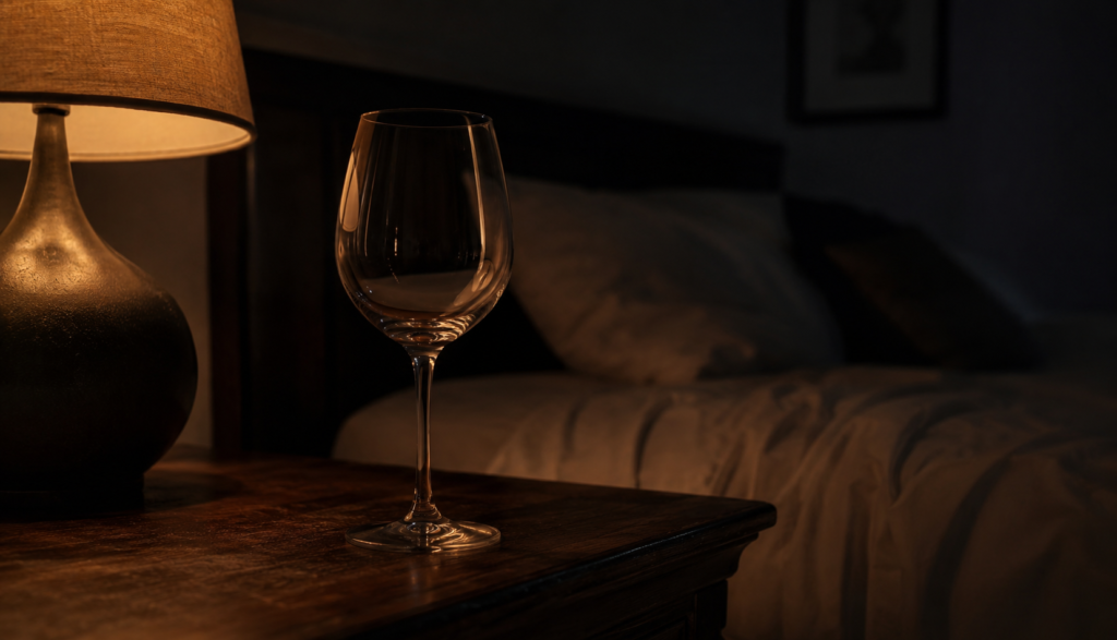 Empty wine glass on dark wooden nightstand beside dim bedroom lamp