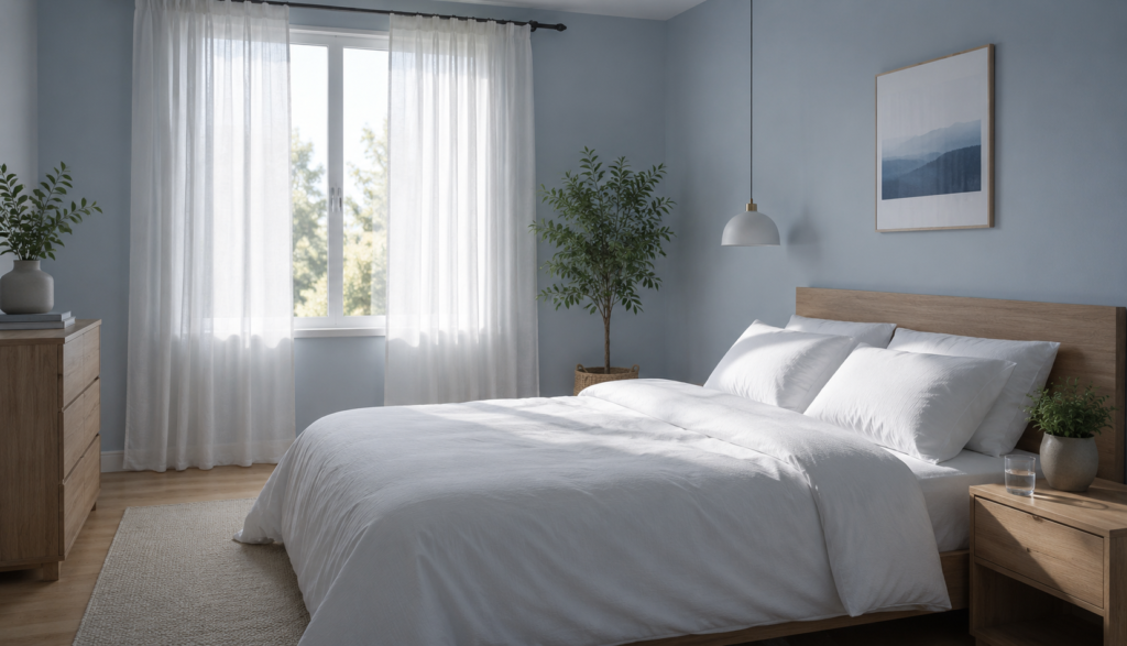Cool serene empty bedroom with crisp white bedding and morning light
