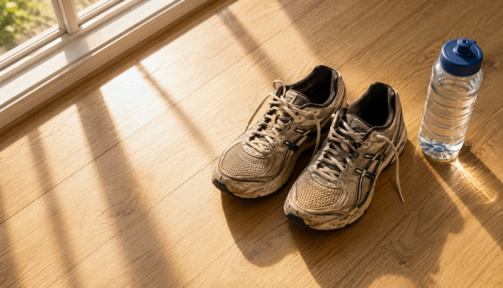 Running shoes and water bottle on floor beside morning light window