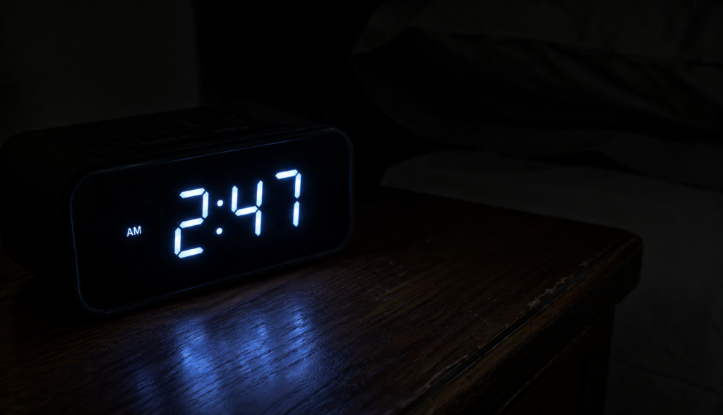 Bedside clock glowing in dark bedroom during sleepless night
