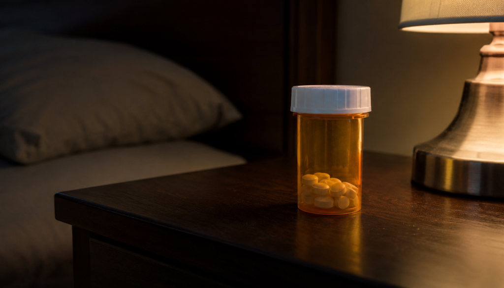 Pill bottle on dark nightstand representing sleep medication