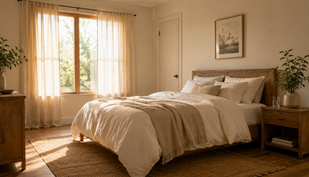 Calm bright bedroom in morning light representing resolved sleep