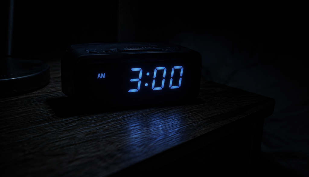 Digital clock glowing 3am on nightstand in pitch dark bedroom