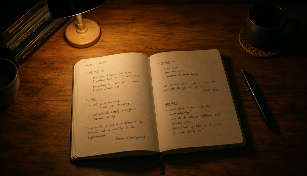 Open notebook with handwritten sleep notes beside a desk lamp