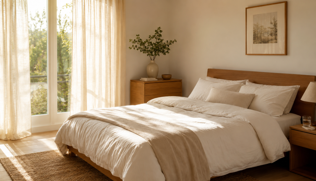  Bright empty bedroom in morning light with neatly made bed