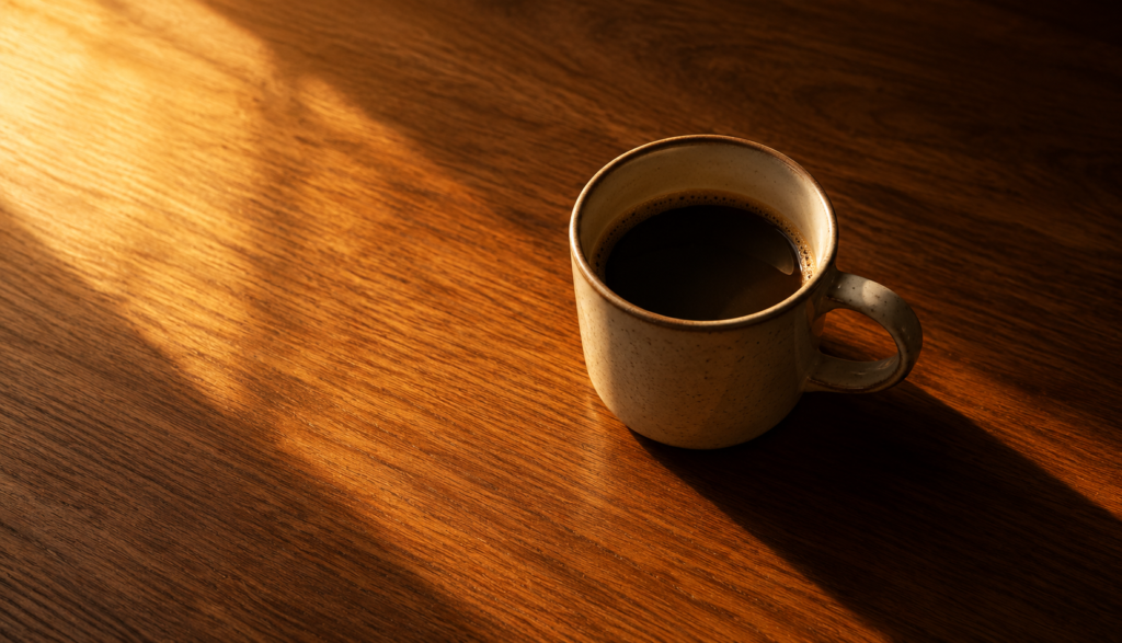 Coffee cup on wooden desk in late afternoon light