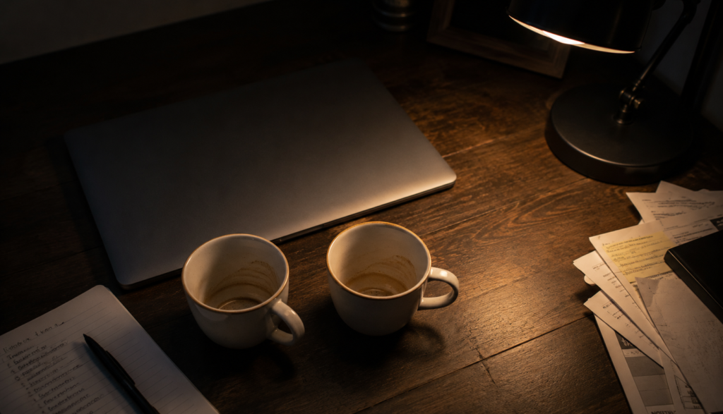 Multiple empty coffee cups on cluttered desk showing sleep deprivation