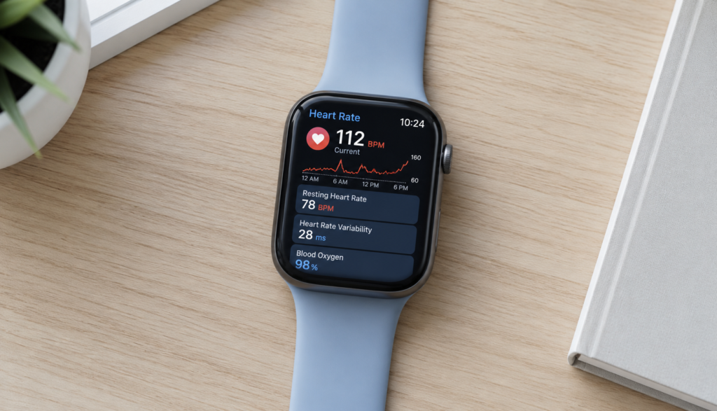 Heart rate monitor displaying health data on wooden desk