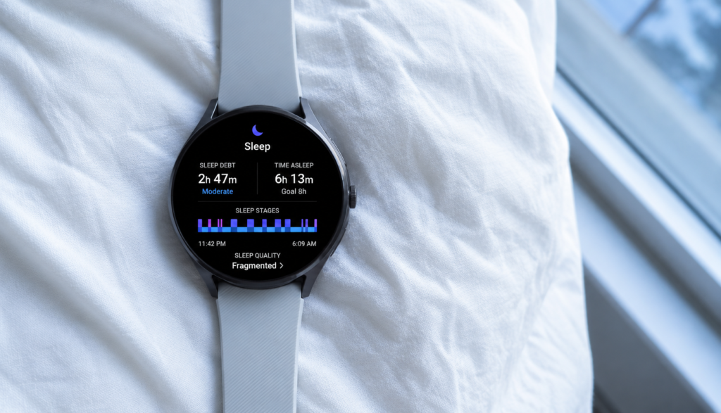 Sleep tracker on white linen showing accumulated sleep debt data