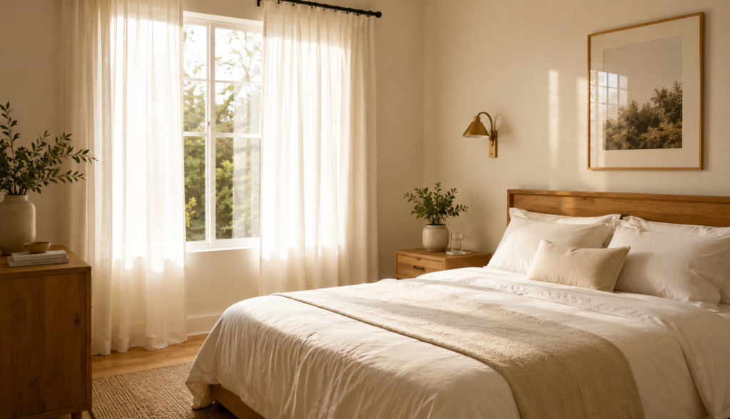 Calm empty bedroom with warm morning light and made bed
