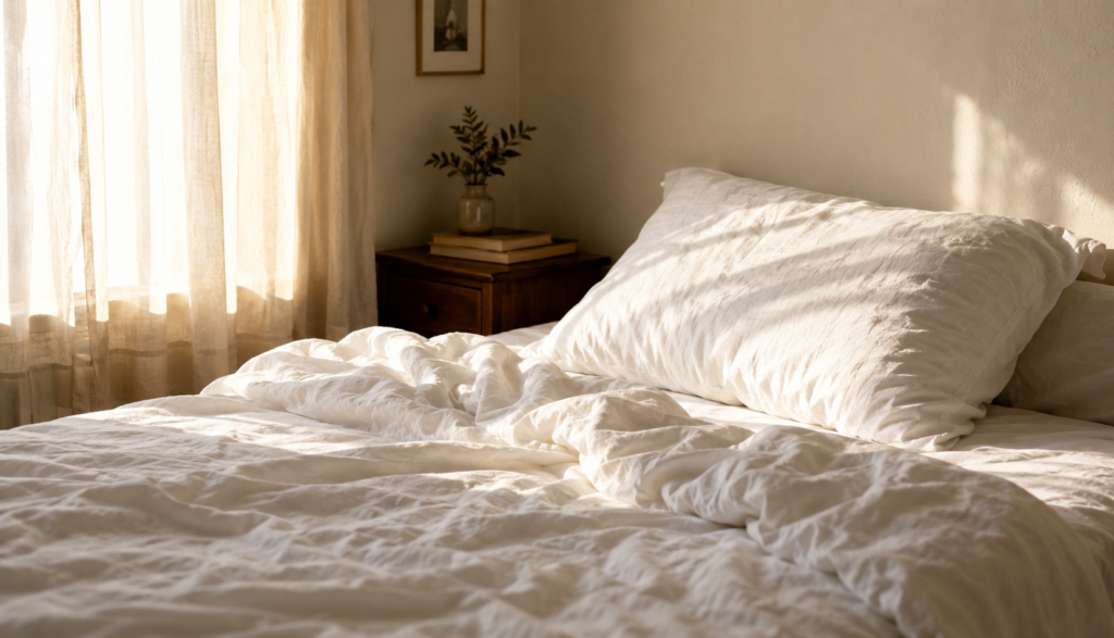 White pillow on unmade bed in soft morning bedroom light