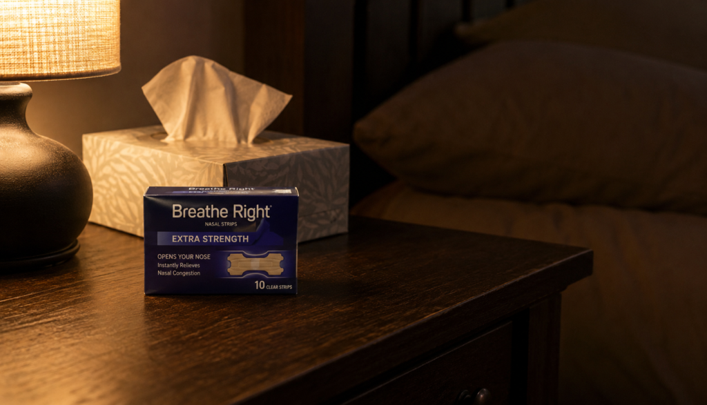 Nasal strips and tissue box on wooden bedside table at night