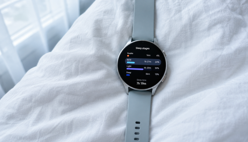 Sleep tracker on white linen showing REM sleep stage data