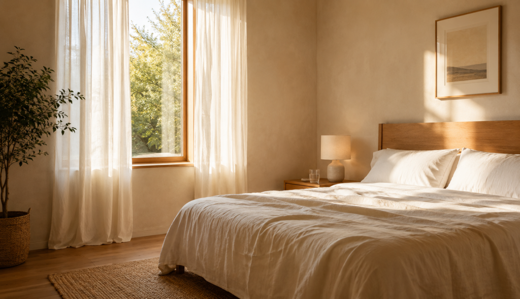 Fresh clean bedroom in morning light with neatly arranged pillows