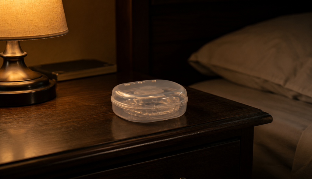 Oral appliance case on dark wooden nightstand at night