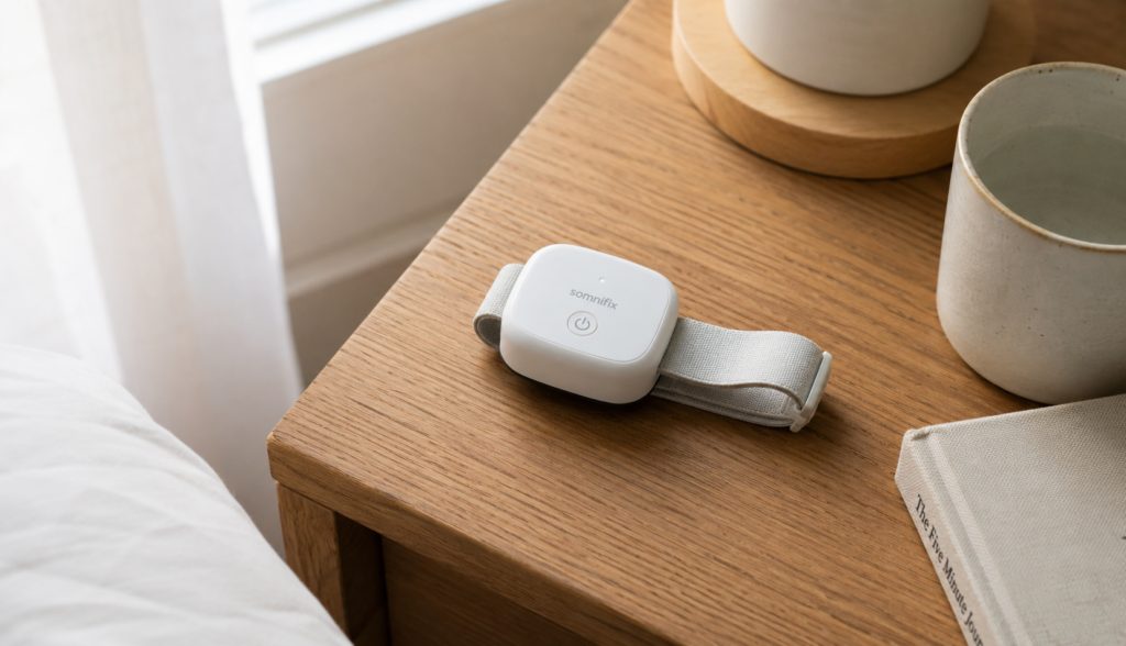 Small wearable positional therapy device on bedside table
