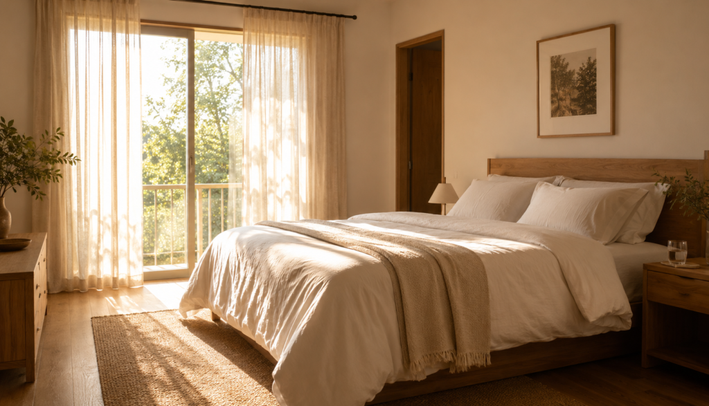 Calm bright bedroom in morning light with neatly made bed