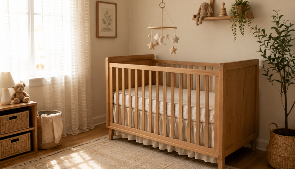 Empty crib in softly lit nursery room