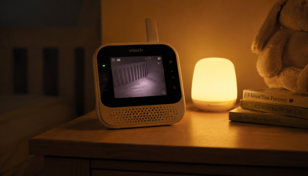 Baby monitor on nursery nightstand with soft night light glow