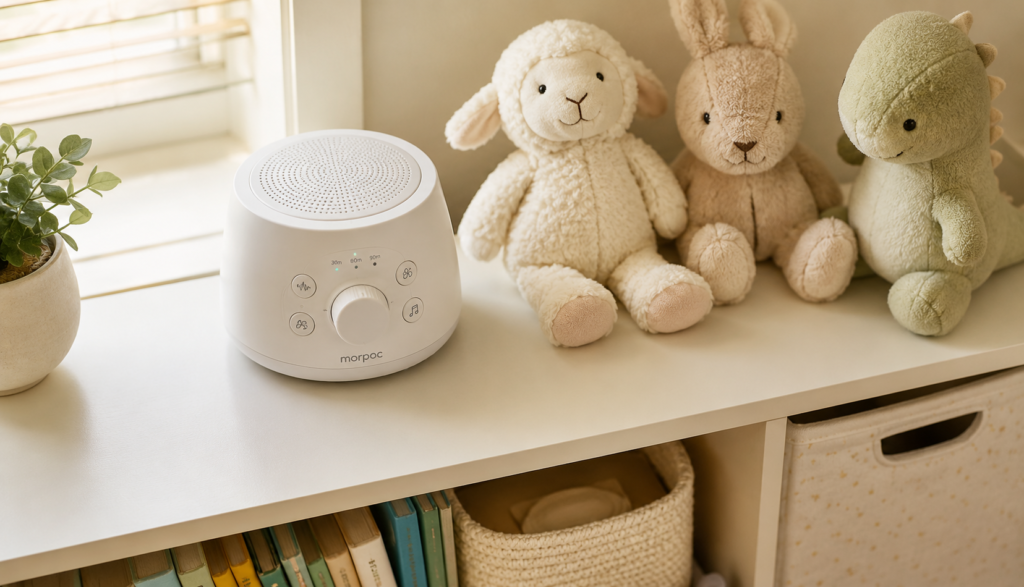 White noise machine on nursery shelf beside soft toys