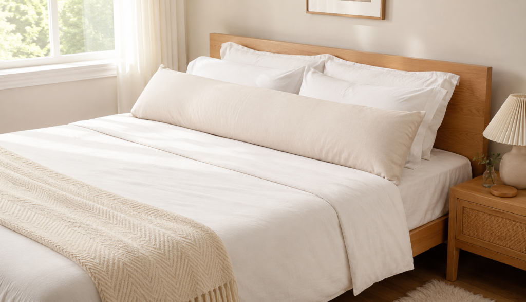 Body pillow arranged on bed showing side sleeping support