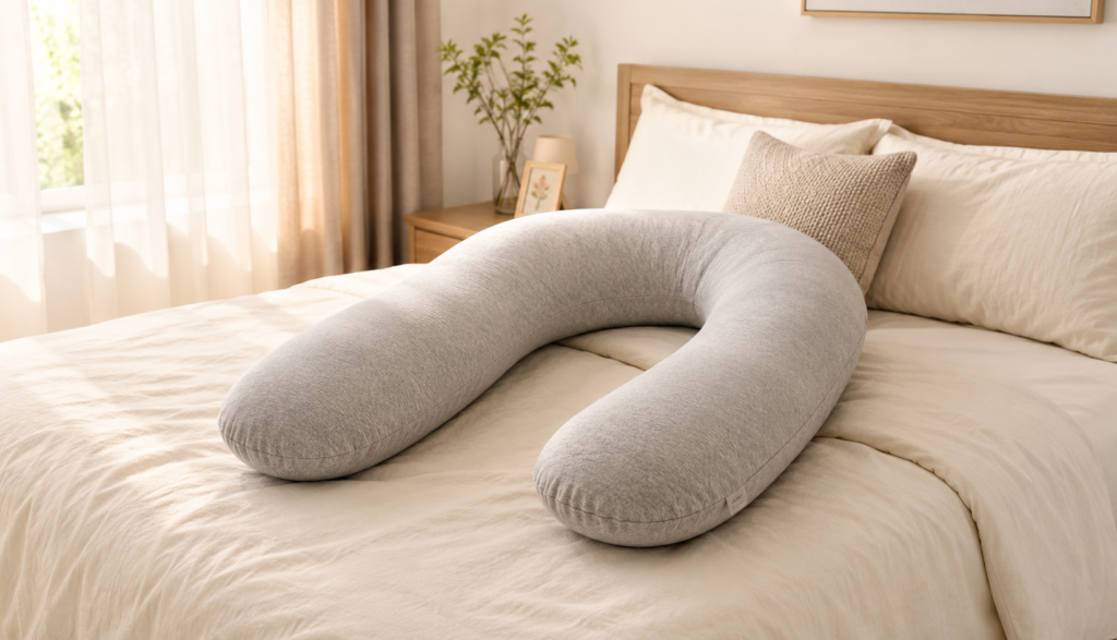 Body pillow arranged on bed showing side sleeping support