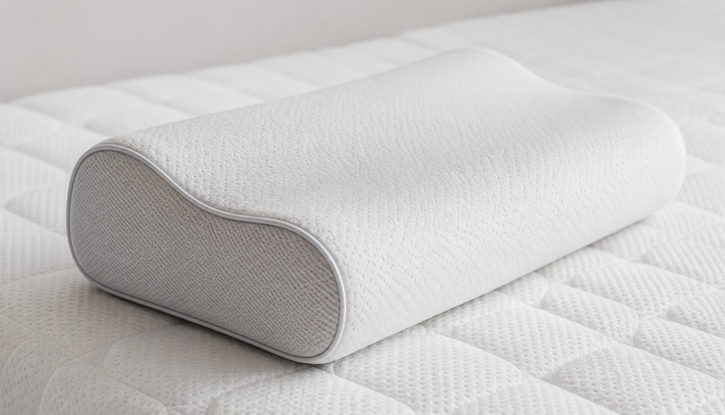 Orthopedic pillow on mattress showing supportive contour design