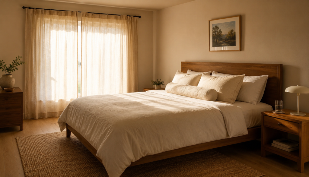 Calm bright bedroom in morning light with neatly arranged pillows
