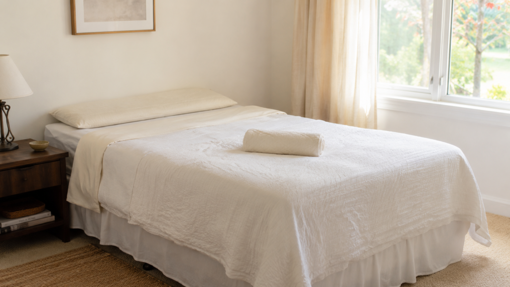 Thin pillow and knee support pillow arranged on neatly made bed